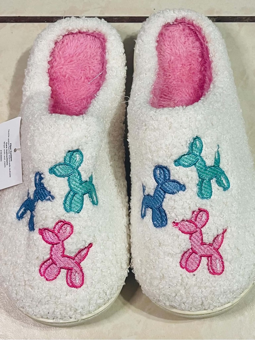 Cozy White Women's Slippers with Pink Lining and Colorful Balloon Dog Embroidery